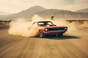 A red vintage muscle car creates a large dust cloud as it speeds along a desert dirt road with mountain